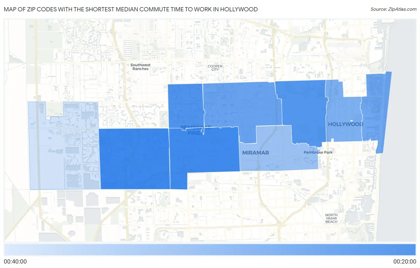 Zip Codes with the Shortest Median Commute Time to Work in Hollywood Map