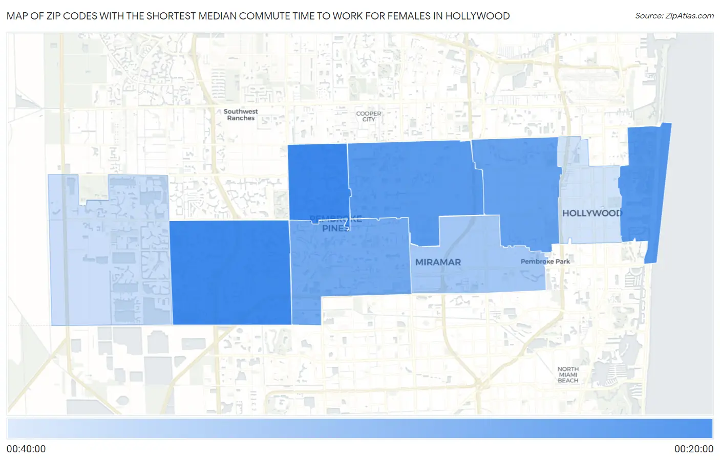 Zip Codes with the Shortest Median Commute Time to Work for Females in Hollywood Map