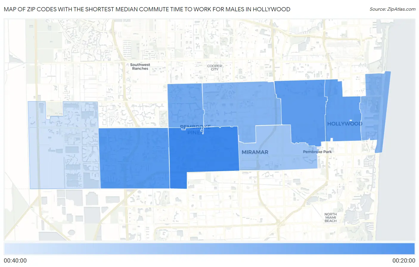 Zip Codes with the Shortest Median Commute Time to Work for Males in Hollywood Map