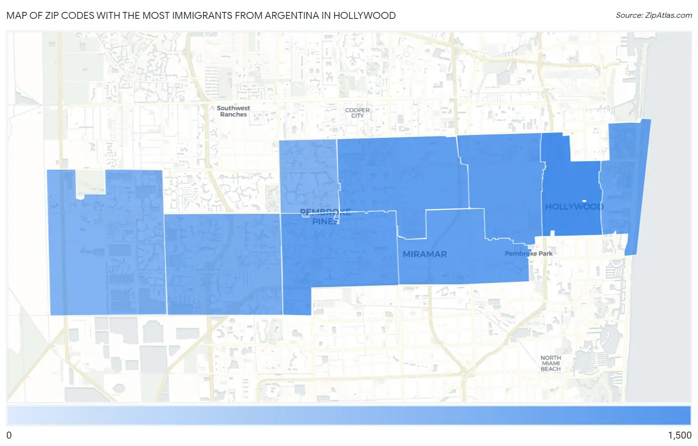 Zip Codes with the Most Immigrants from Argentina in Hollywood Map