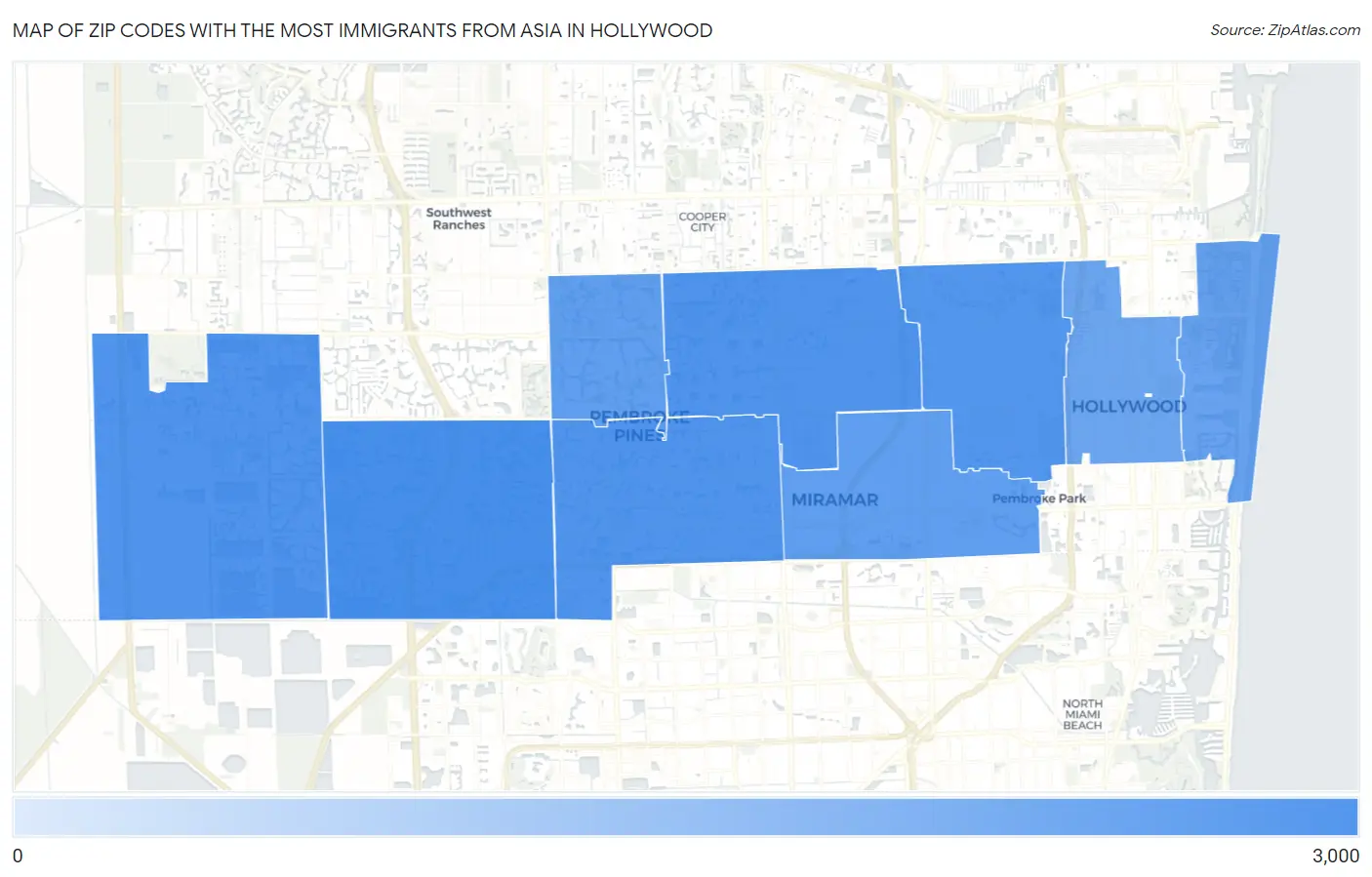 Zip Codes with the Most Immigrants from Asia in Hollywood Map