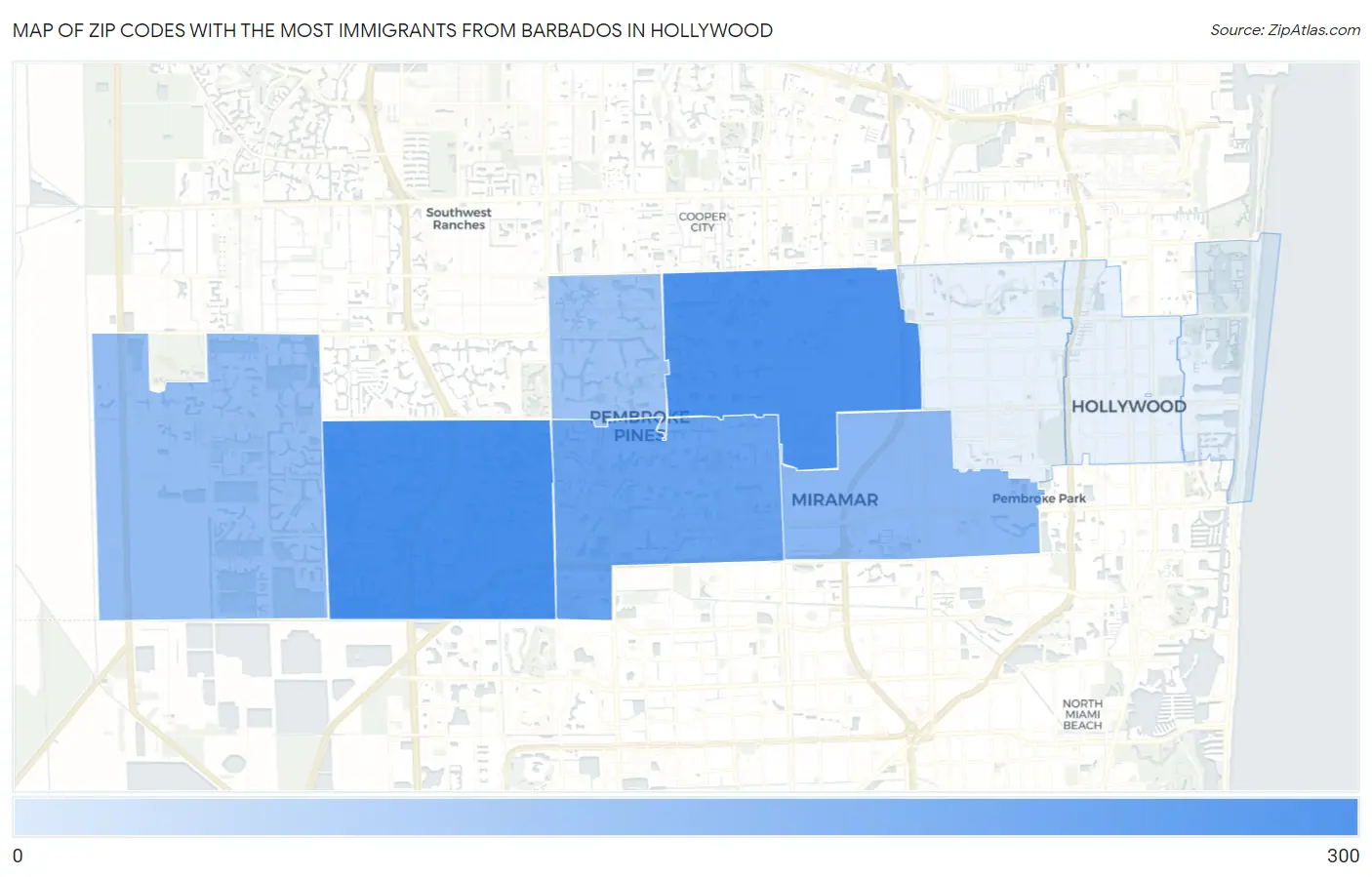 Zip Codes with the Most Immigrants from Barbados in Hollywood Map