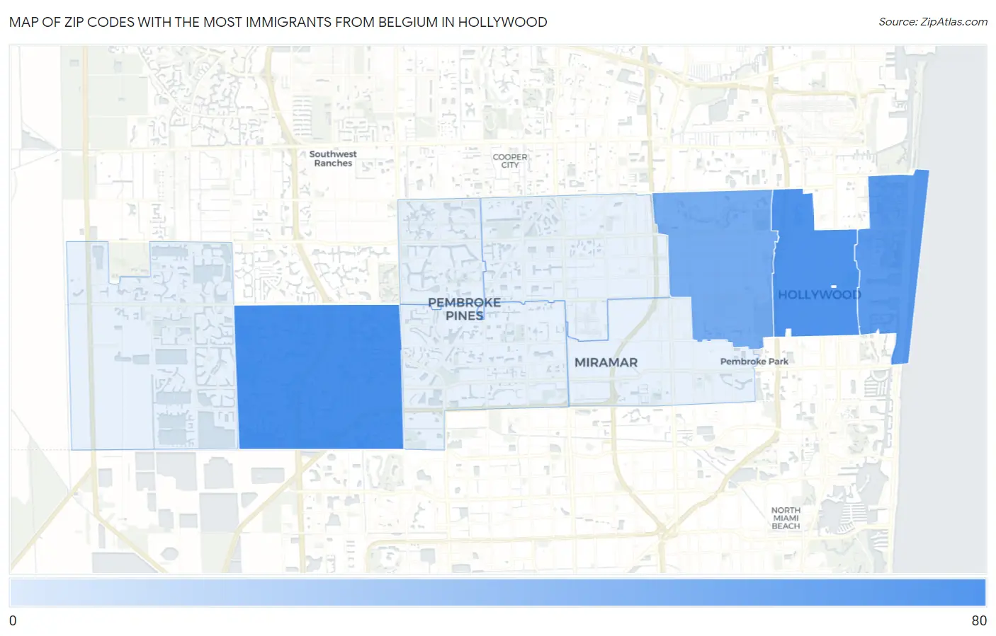 Zip Codes with the Most Immigrants from Belgium in Hollywood Map