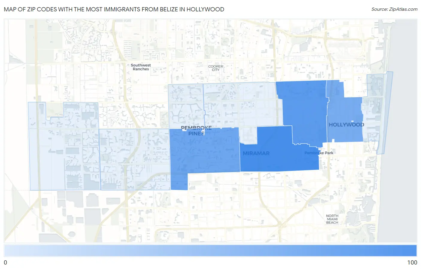 Zip Codes with the Most Immigrants from Belize in Hollywood Map