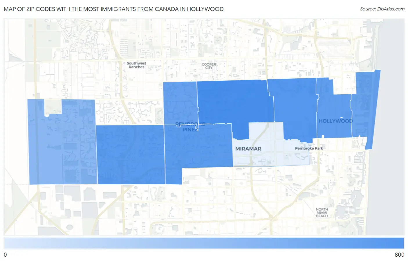 Zip Codes with the Most Immigrants from Canada in Hollywood Map