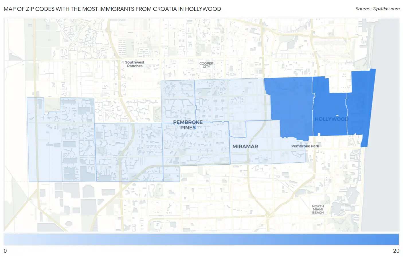 Zip Codes with the Most Immigrants from Croatia in Hollywood Map