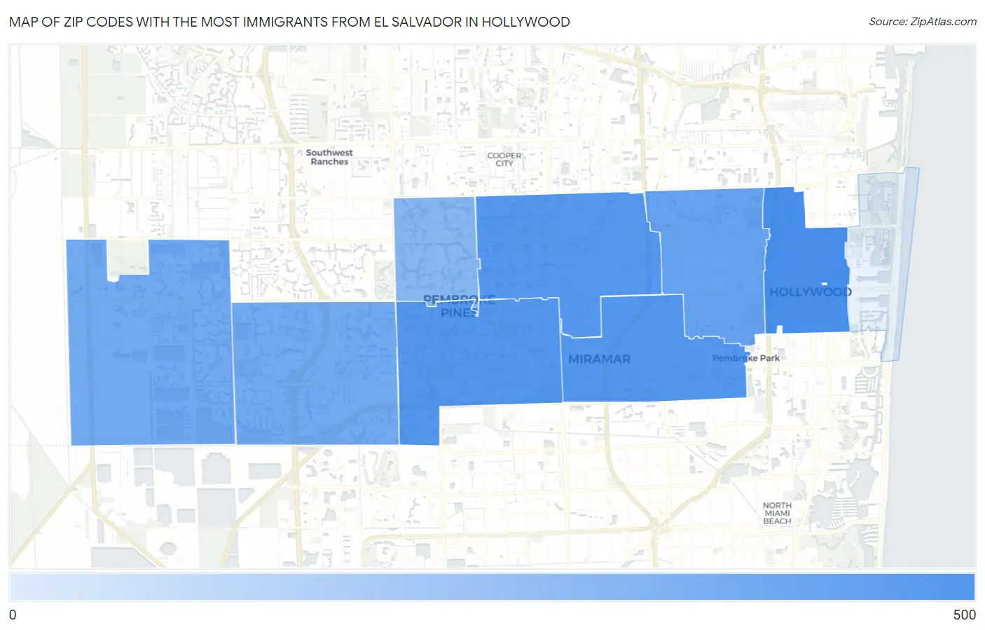 Zip Codes with the Most Immigrants from El Salvador in Hollywood Map