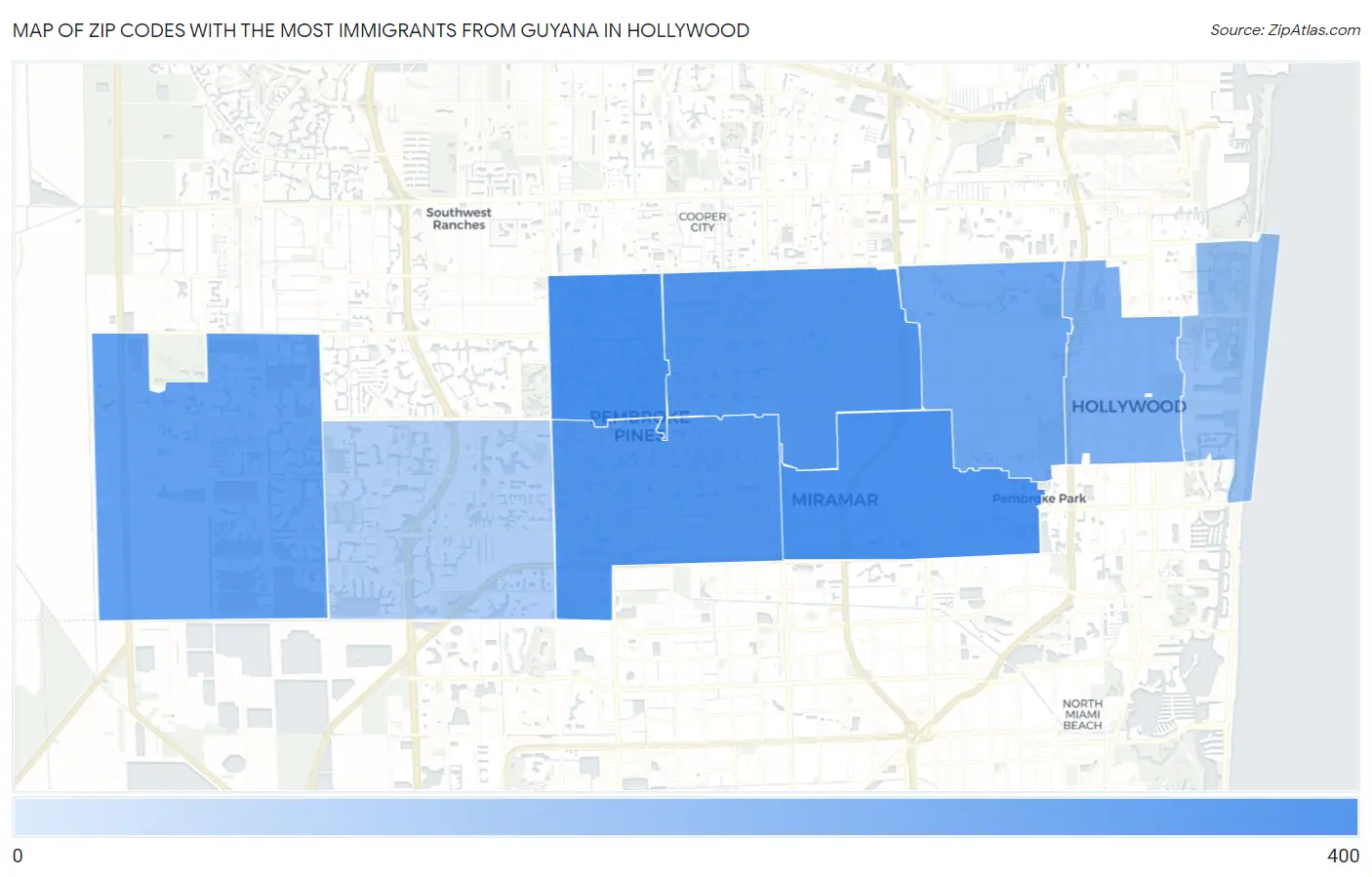 Zip Codes with the Most Immigrants from Guyana in Hollywood Map