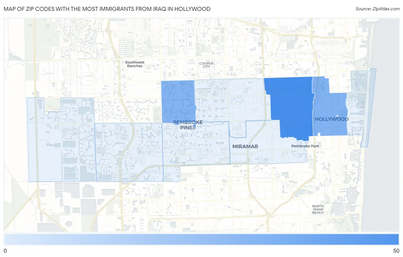 Zip Codes with the Most Immigrants from Iraq in Hollywood Map