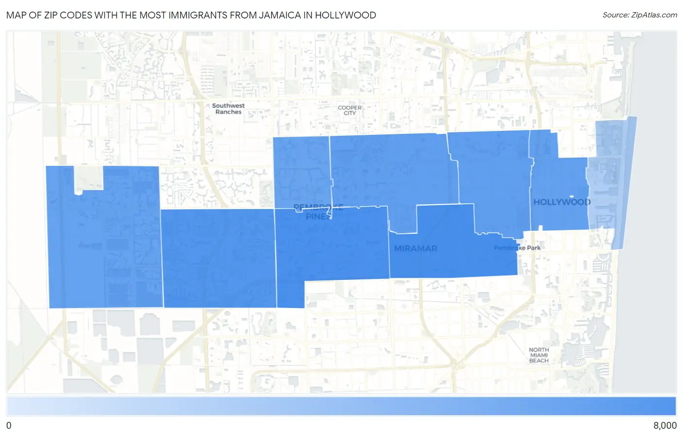 Zip Codes with the Most Immigrants from Jamaica in Hollywood Map