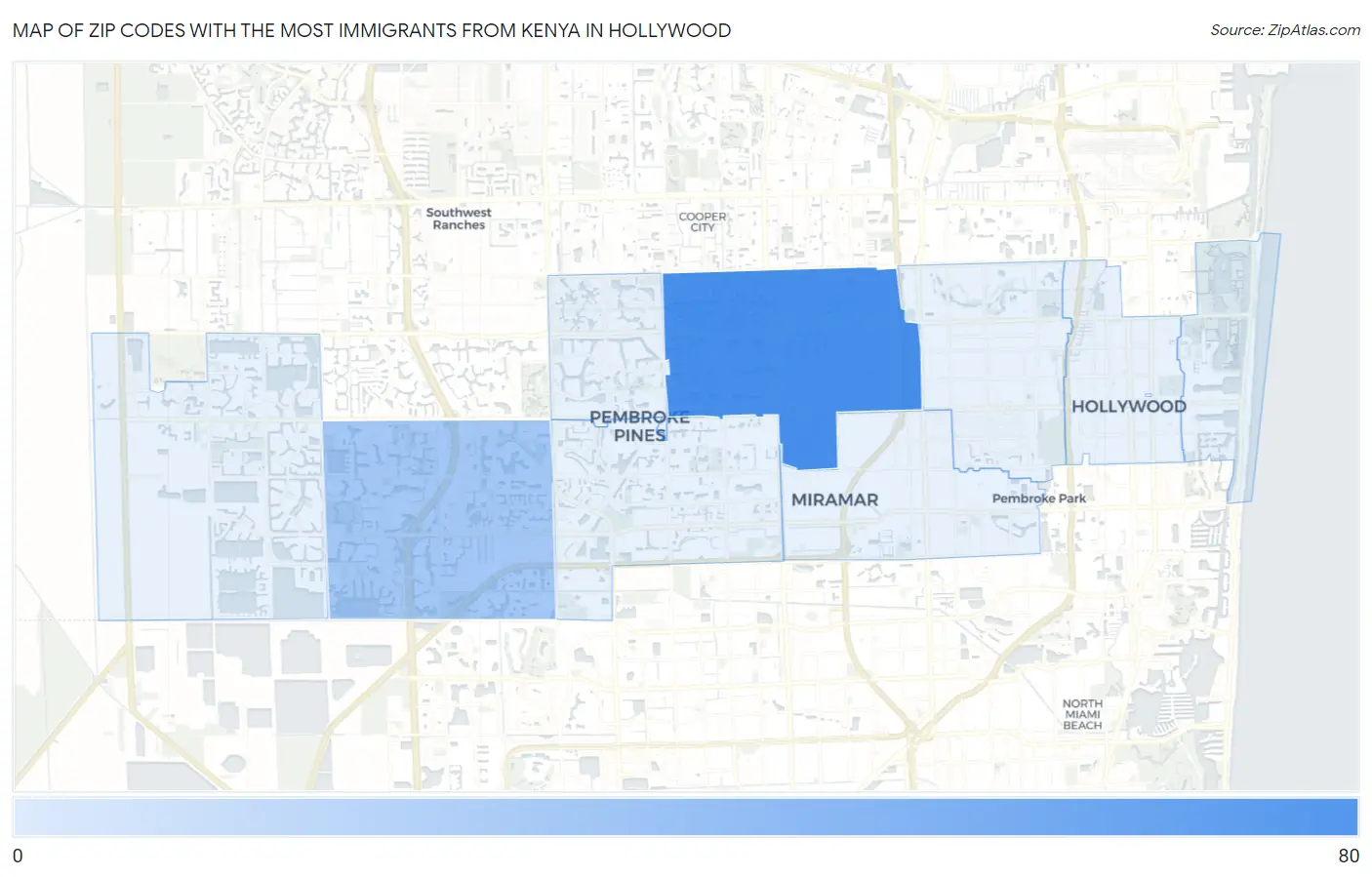 Zip Codes with the Most Immigrants from Kenya in Hollywood Map