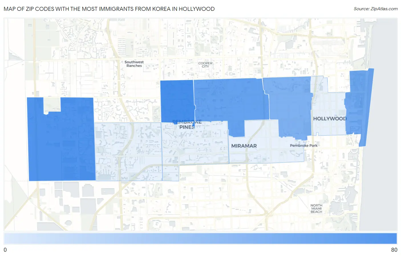 Zip Codes with the Most Immigrants from Korea in Hollywood Map