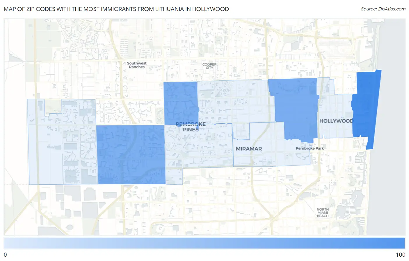 Zip Codes with the Most Immigrants from Lithuania in Hollywood Map