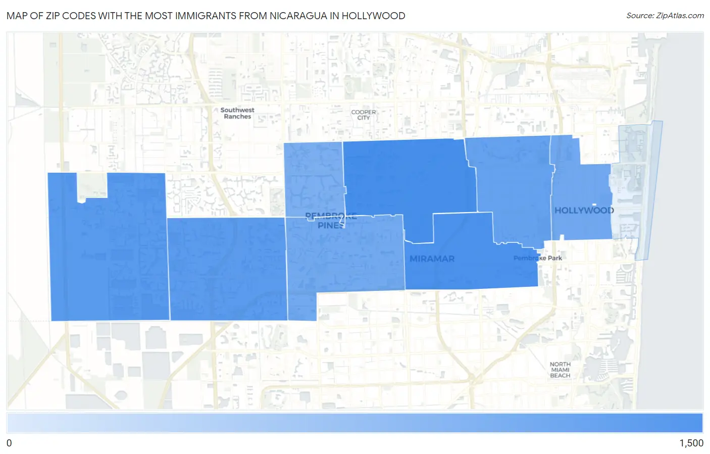 Zip Codes with the Most Immigrants from Nicaragua in Hollywood Map