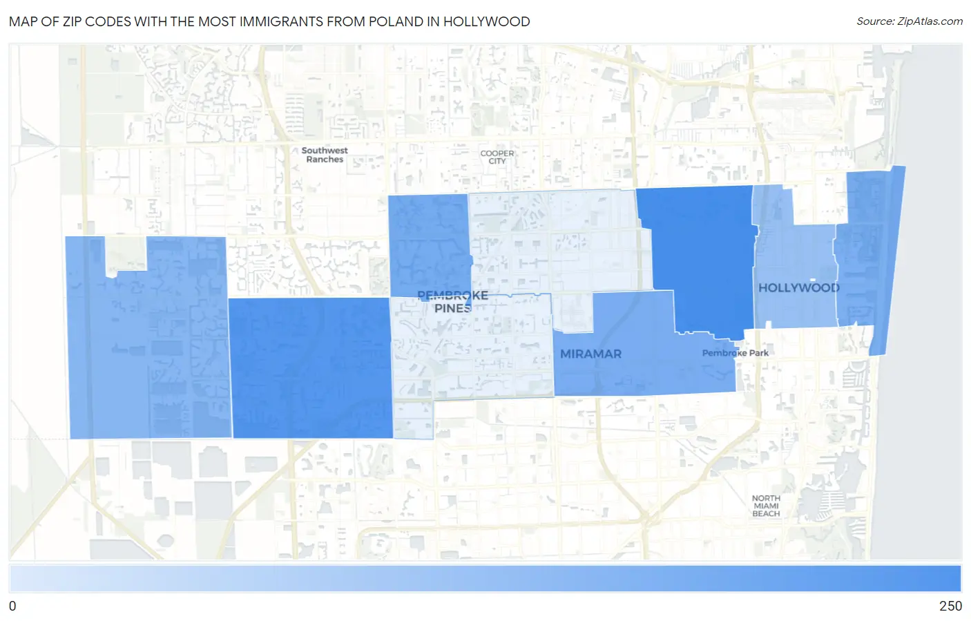 Zip Codes with the Most Immigrants from Poland in Hollywood Map