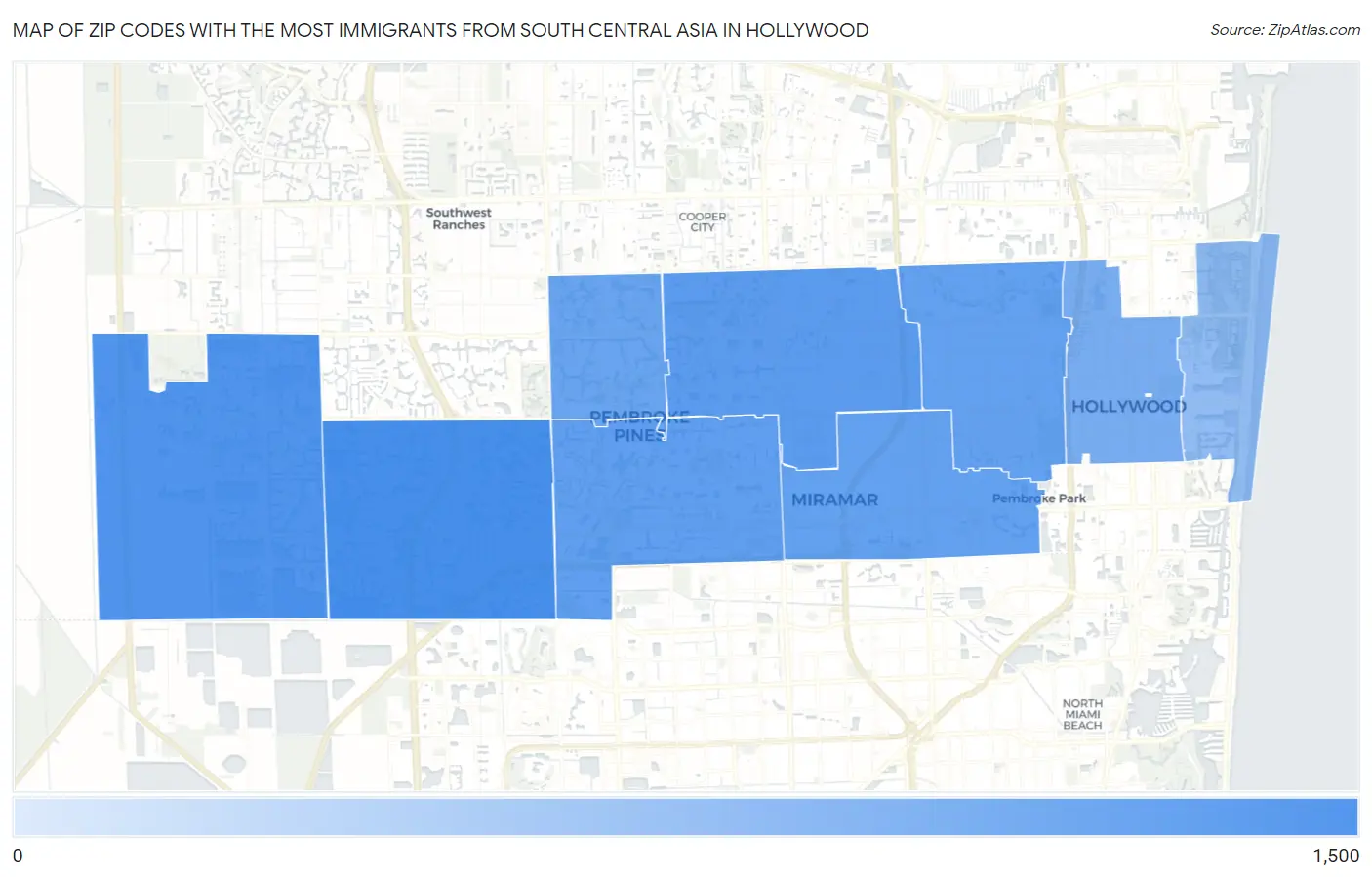 Zip Codes with the Most Immigrants from South Central Asia in Hollywood Map