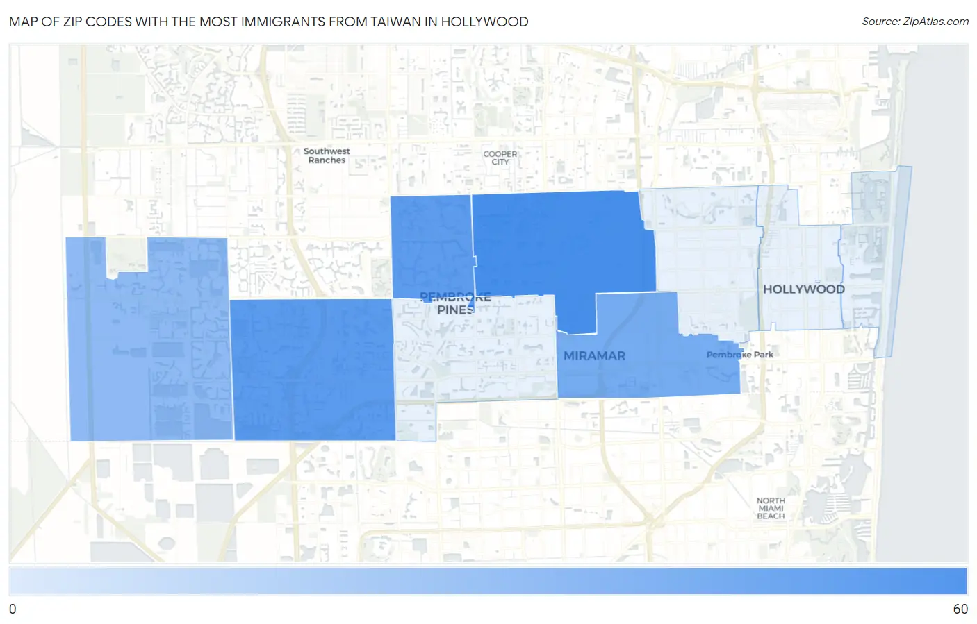 Zip Codes with the Most Immigrants from Taiwan in Hollywood Map