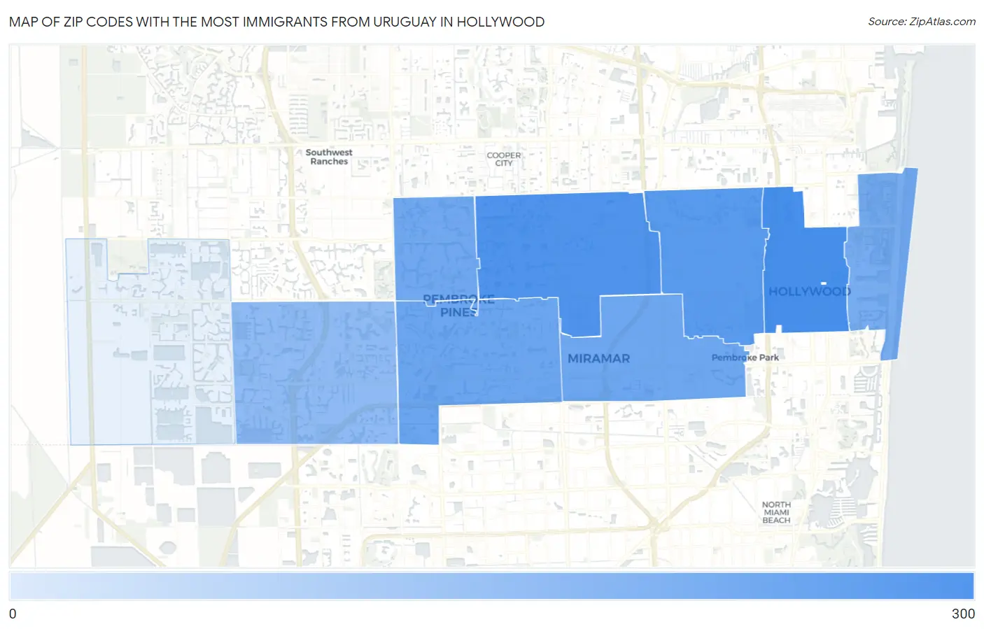 Zip Codes with the Most Immigrants from Uruguay in Hollywood Map