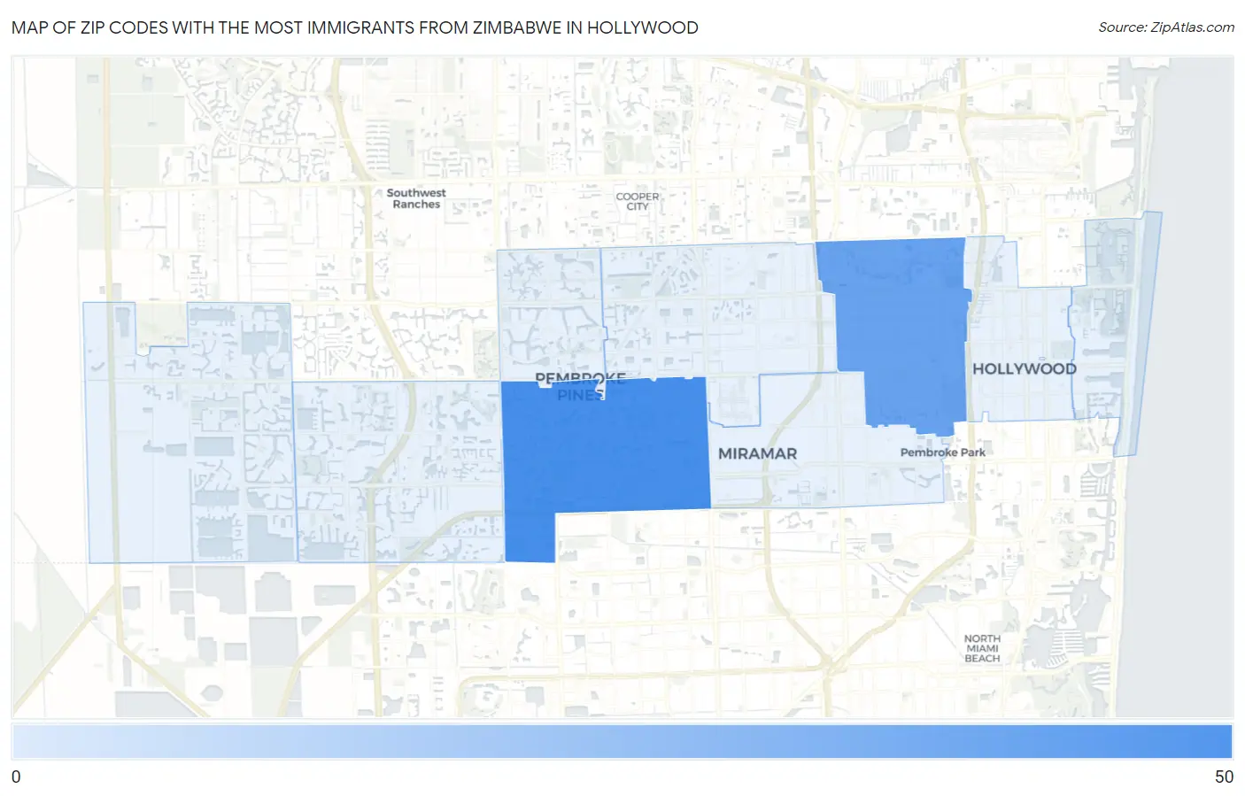 Zip Codes with the Most Immigrants from Zimbabwe in Hollywood Map