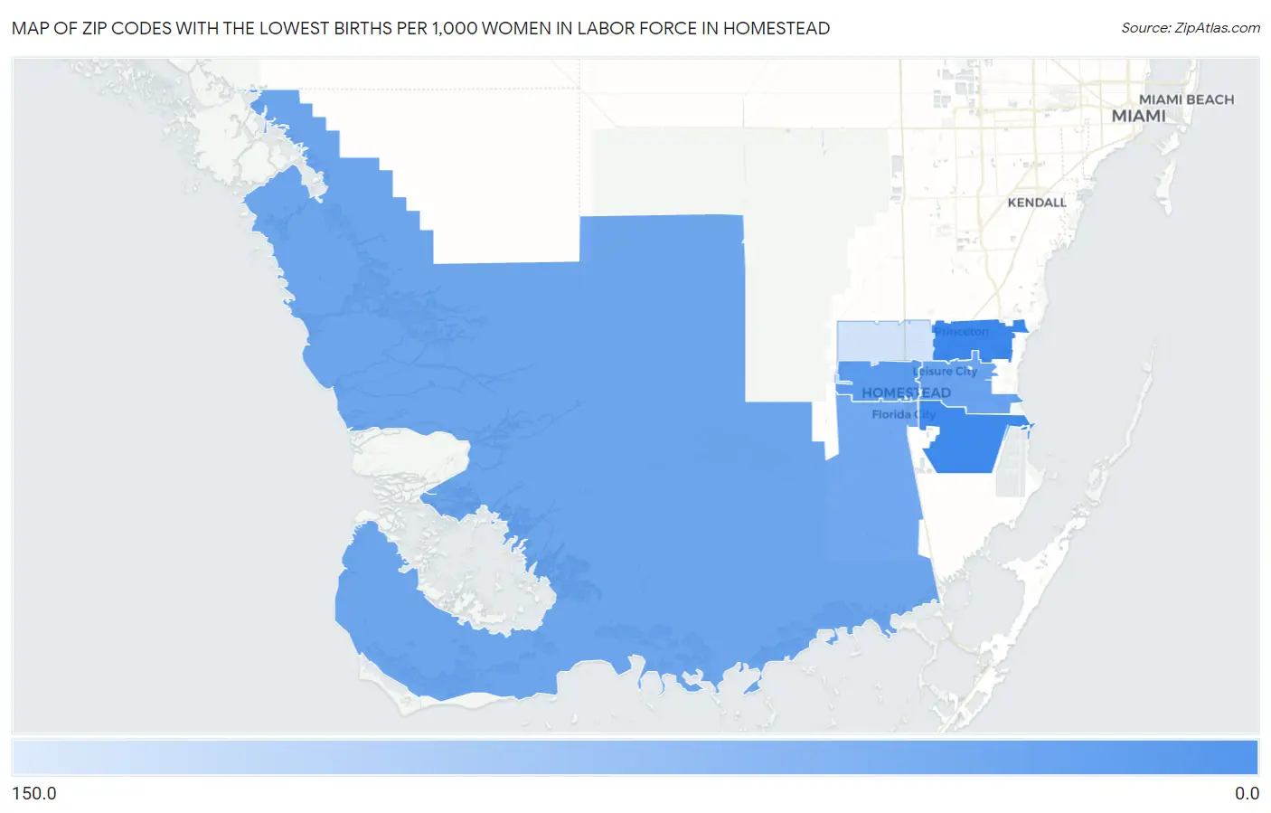 Zip Codes with the Lowest Births per 1,000 Women in Labor Force in Homestead Map