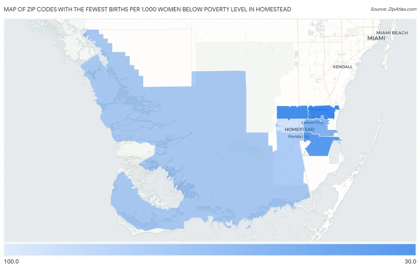 Zip Codes with the Fewest Births per 1,000 Women Below Poverty Level in Homestead Map