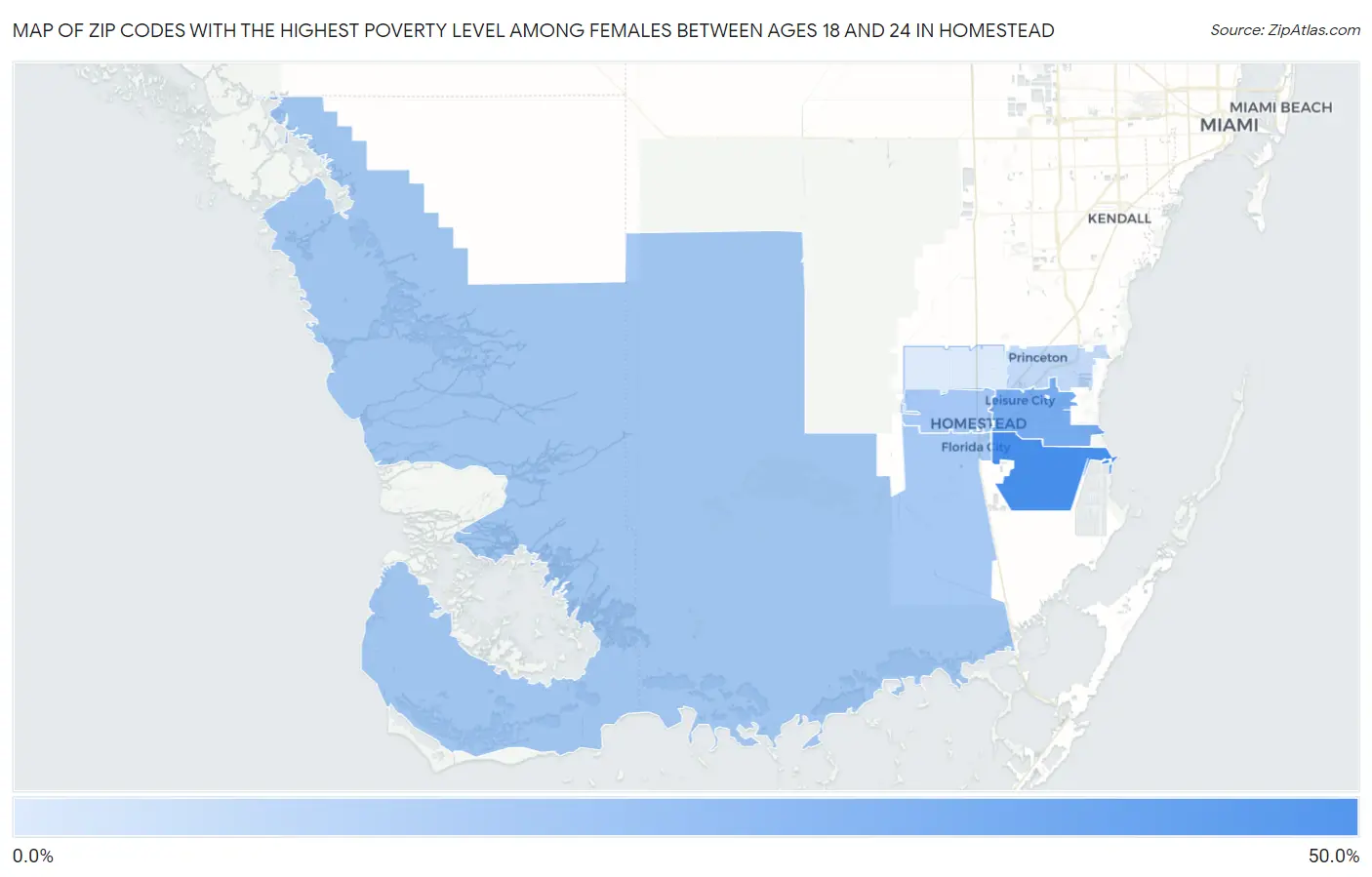 Zip Codes with the Highest Poverty Level Among Females Between Ages 18 and 24 in Homestead Map