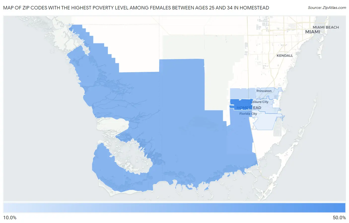 Zip Codes with the Highest Poverty Level Among Females Between Ages 25 and 34 in Homestead Map