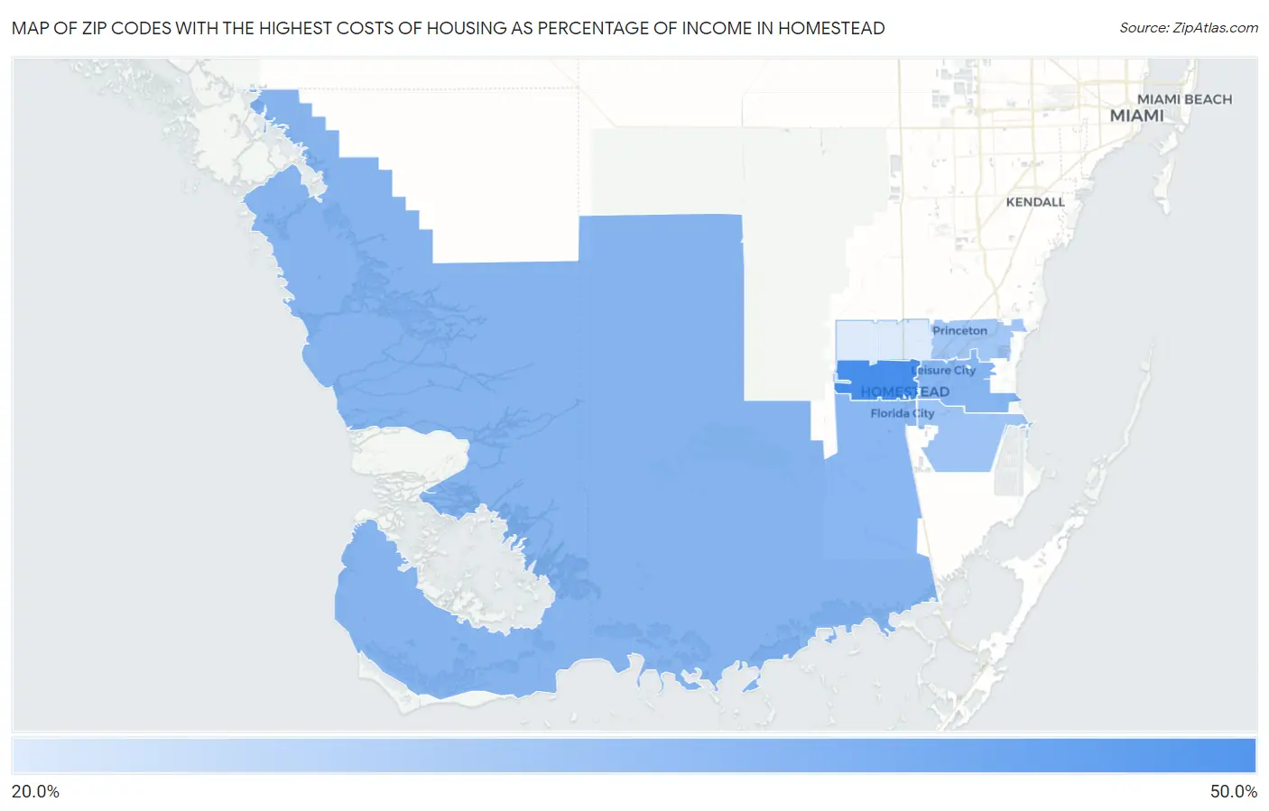 Zip Codes with the Highest Costs of Housing as Percentage of Income in Homestead Map