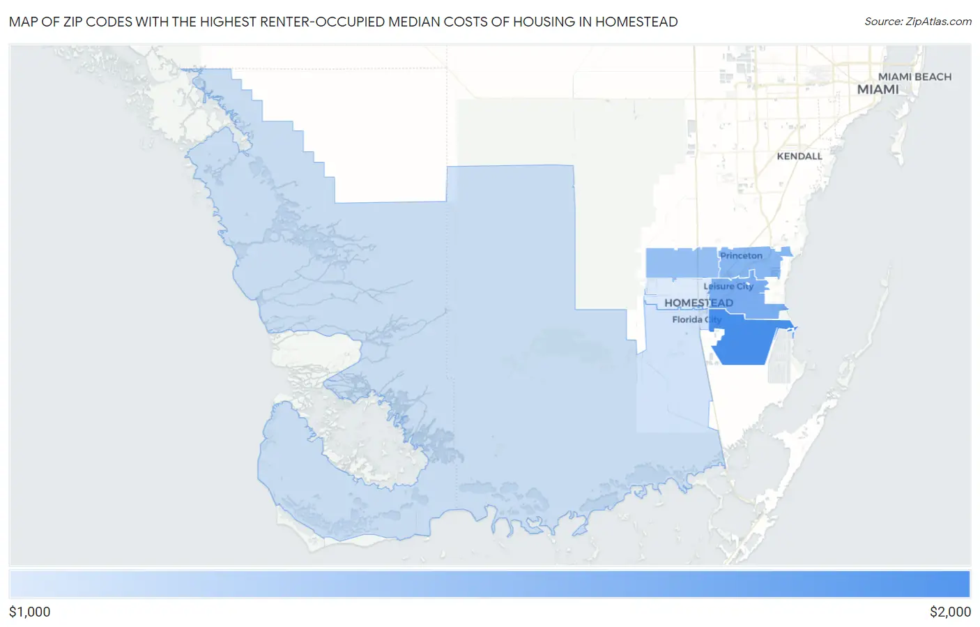 Zip Codes with the Highest Renter-Occupied Median Costs of Housing in Homestead Map