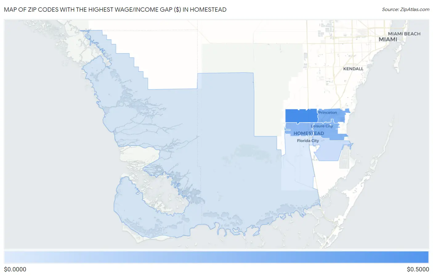 Zip Codes with the Highest Wage/Income Gap ($) in Homestead Map