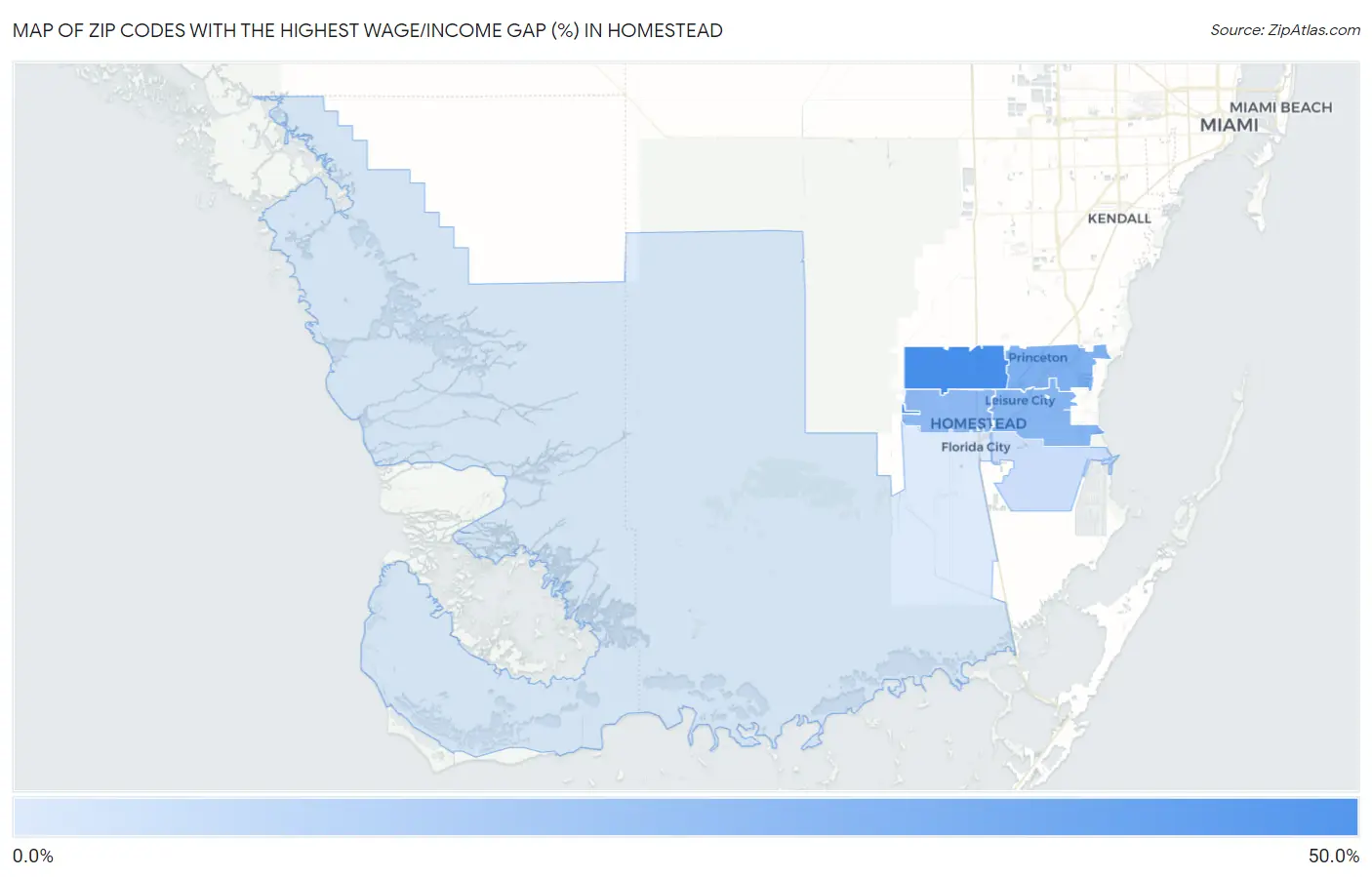 Zip Codes with the Highest Wage/Income Gap (%) in Homestead Map