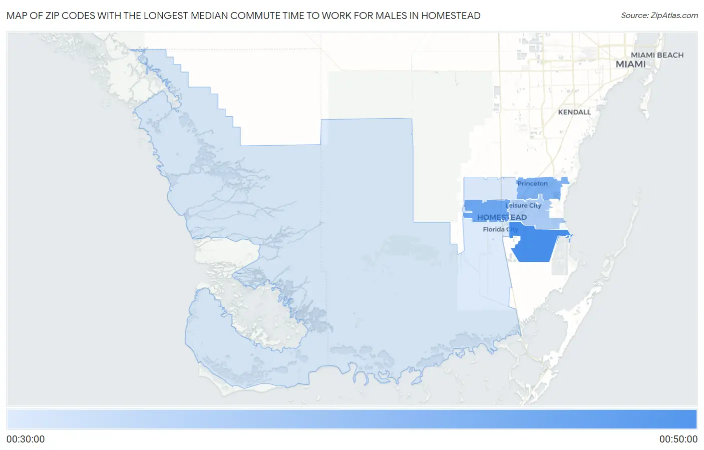 Zip Codes with the Longest Median Commute Time to Work for Males in Homestead Map