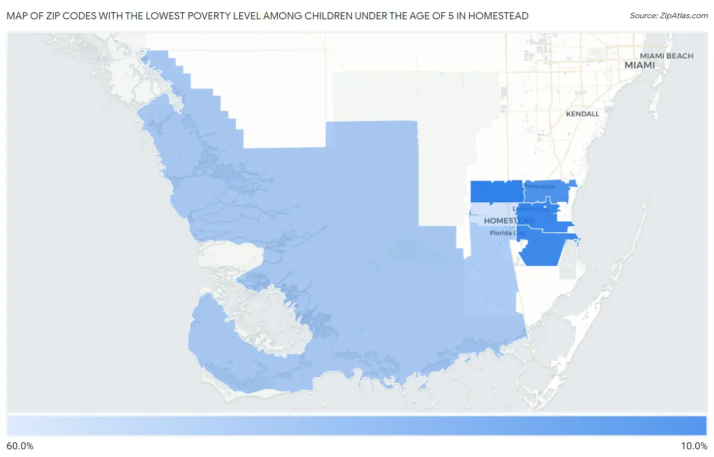 Zip Codes with the Lowest Poverty Level Among Children Under the Age of 5 in Homestead Map