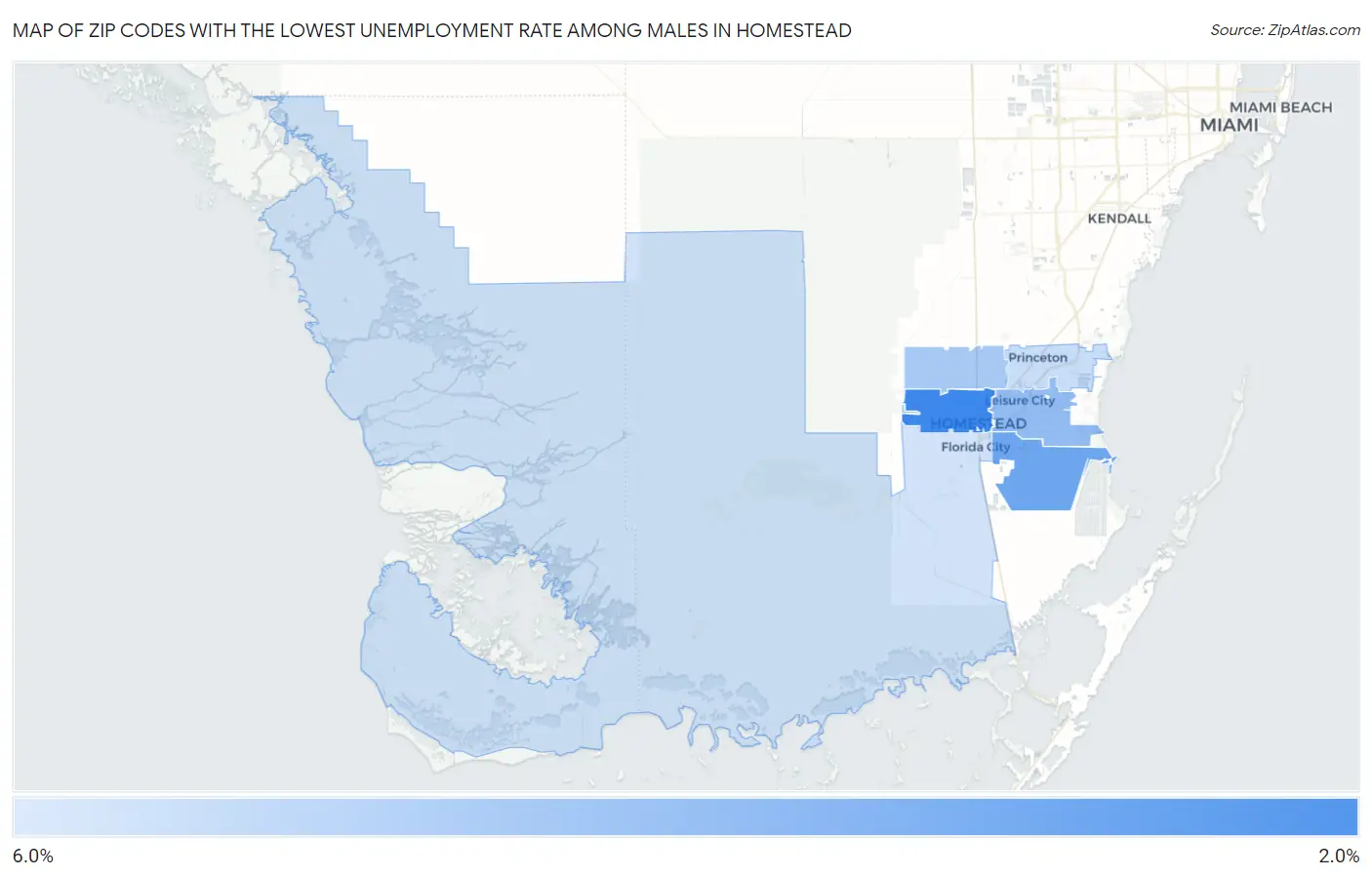 Zip Codes with the Lowest Unemployment Rate Among Males in Homestead Map