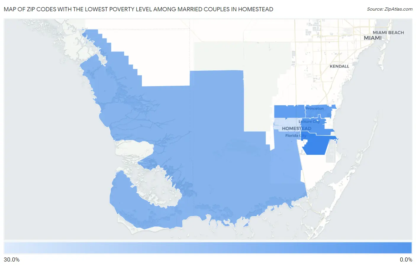 Zip Codes with the Lowest Poverty Level Among Married Couples in Homestead Map