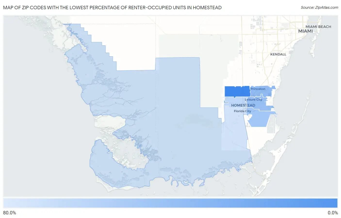 Zip Codes with the Lowest Percentage of Renter-Occupied Units in Homestead Map
