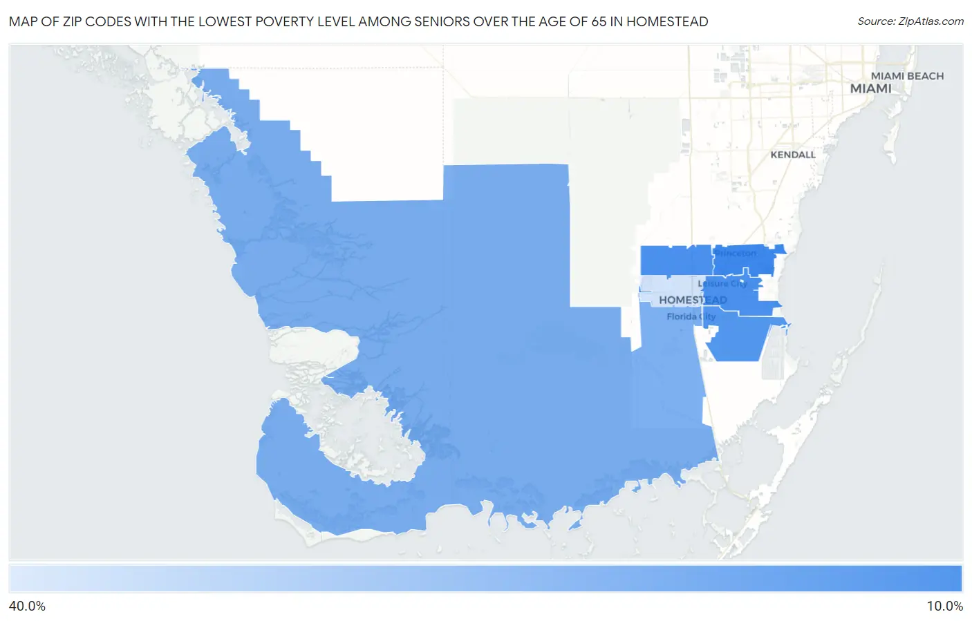 Zip Codes with the Lowest Poverty Level Among Seniors Over the Age of 65 in Homestead Map