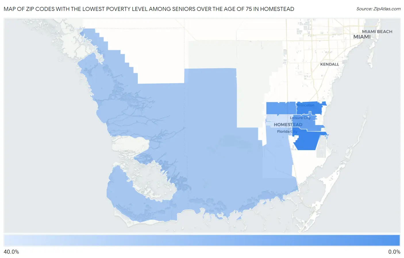Zip Codes with the Lowest Poverty Level Among Seniors Over the Age of 75 in Homestead Map