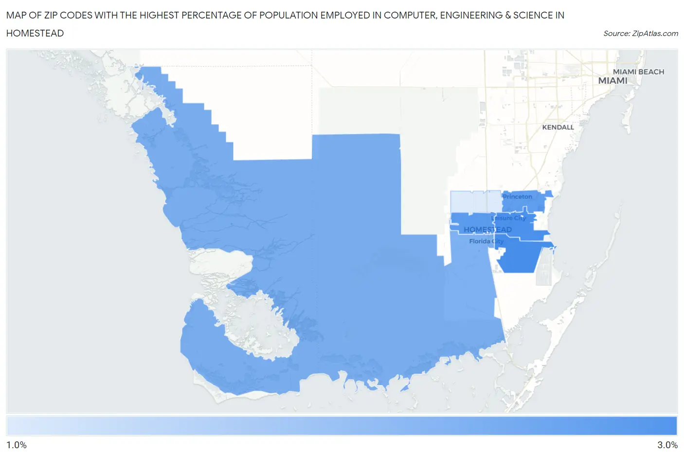 Zip Codes with the Highest Percentage of Population Employed in Computer, Engineering & Science in Homestead Map
