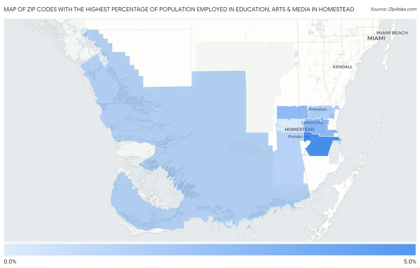 Zip Codes with the Highest Percentage of Population Employed in Education, Arts & Media in Homestead Map