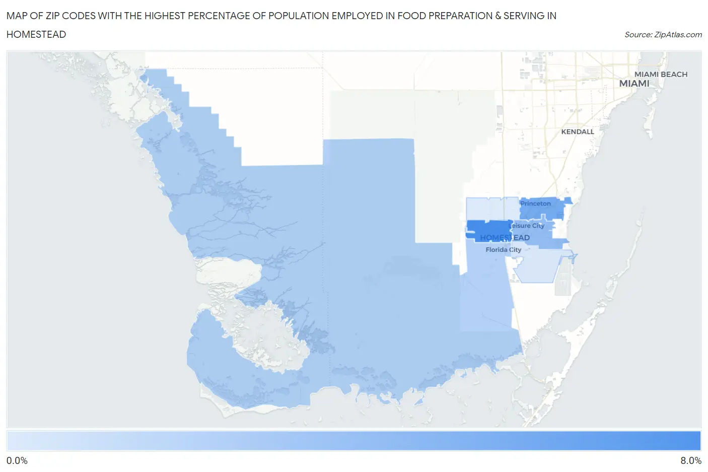 Zip Codes with the Highest Percentage of Population Employed in Food Preparation & Serving in Homestead Map