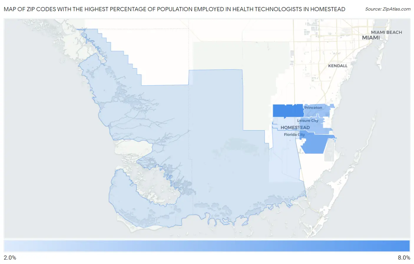 Zip Codes with the Highest Percentage of Population Employed in Health Technologists in Homestead Map