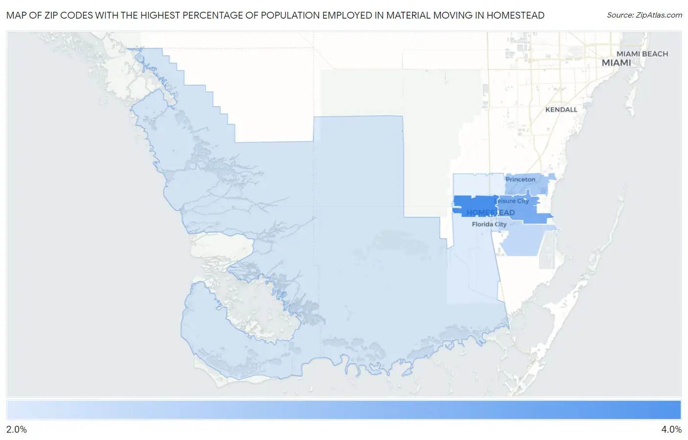 Zip Codes with the Highest Percentage of Population Employed in Material Moving in Homestead Map