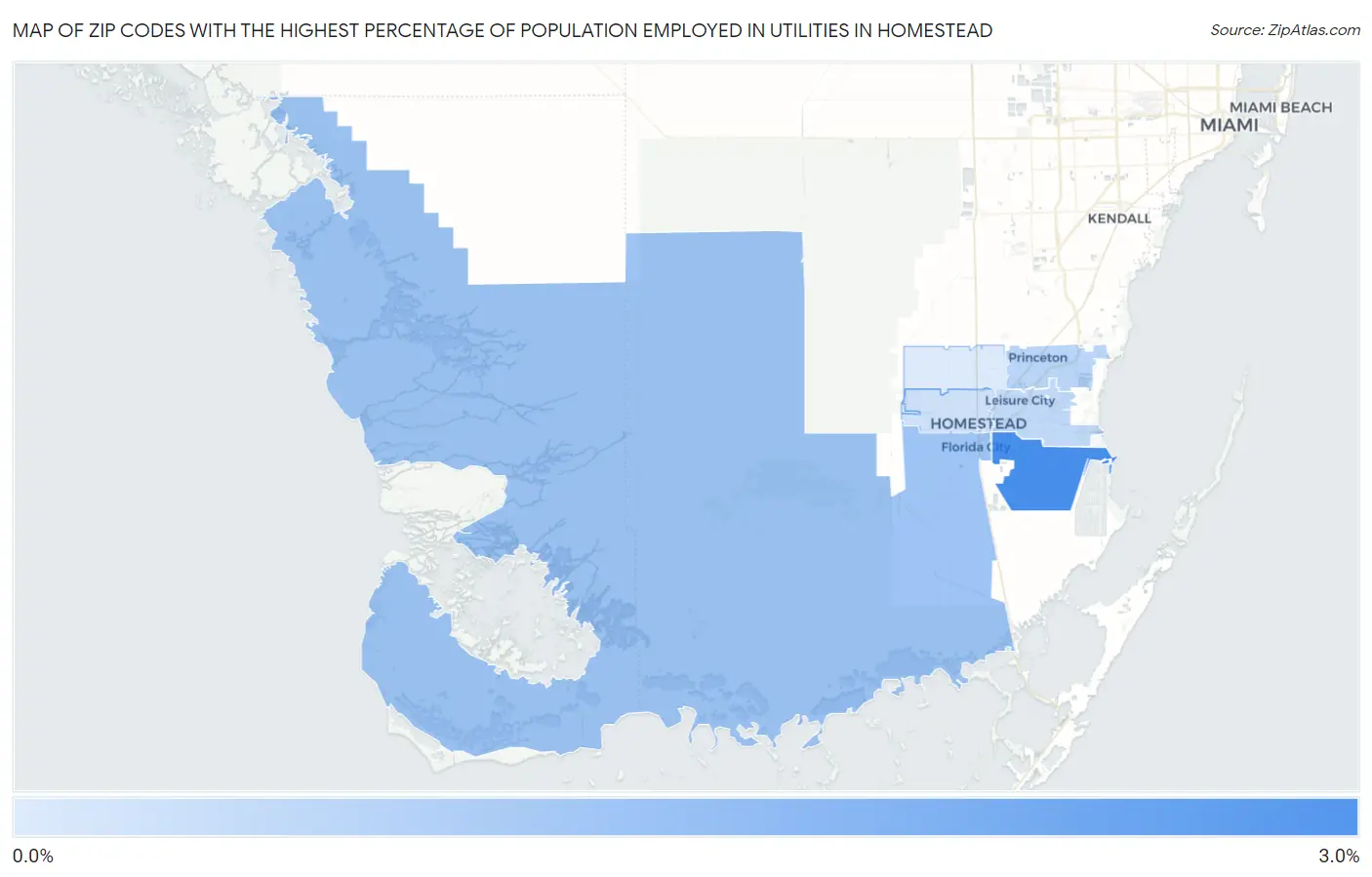 Zip Codes with the Highest Percentage of Population Employed in Utilities in Homestead Map