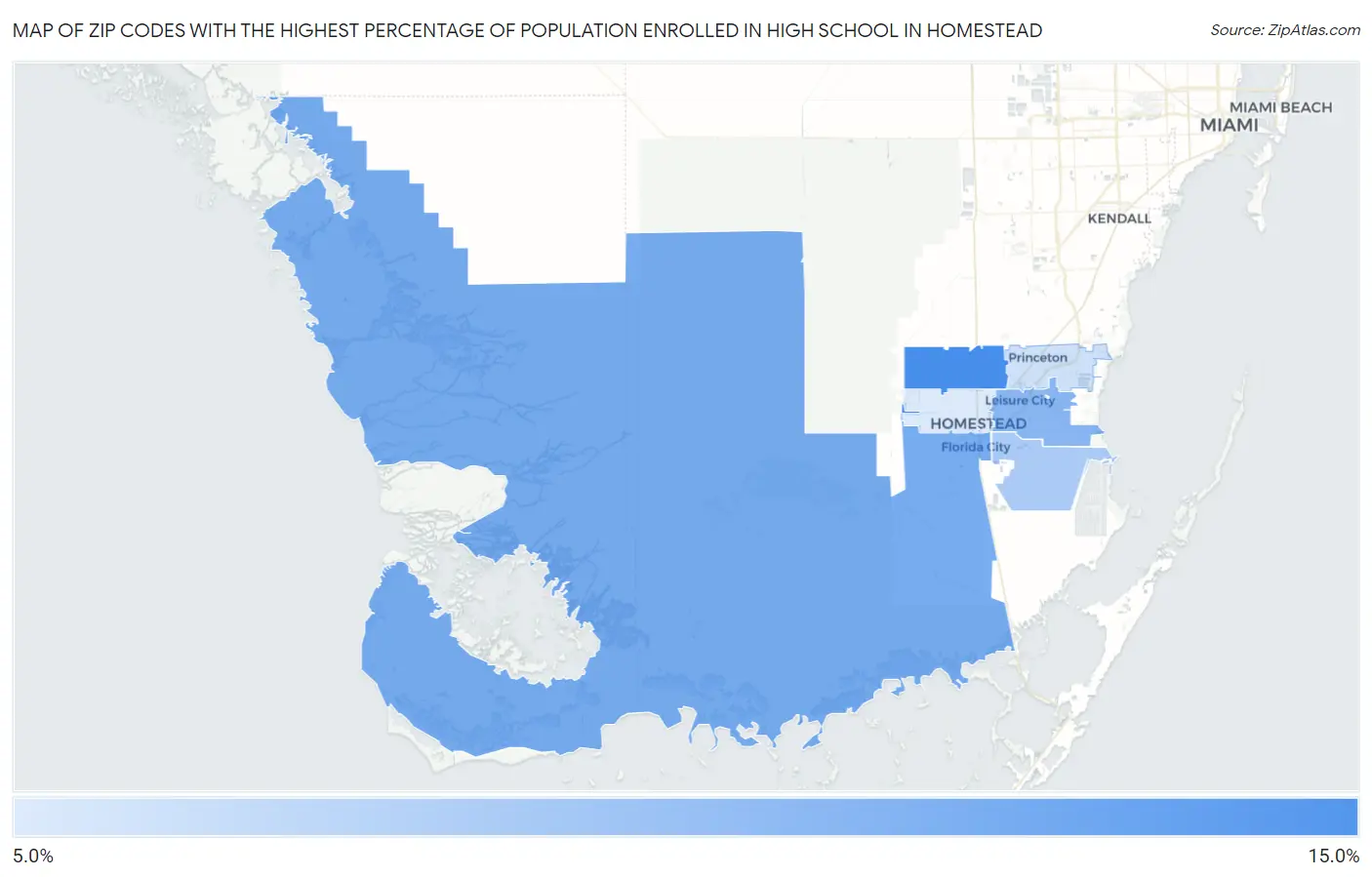 Zip Codes with the Highest Percentage of Population Enrolled in High School in Homestead Map