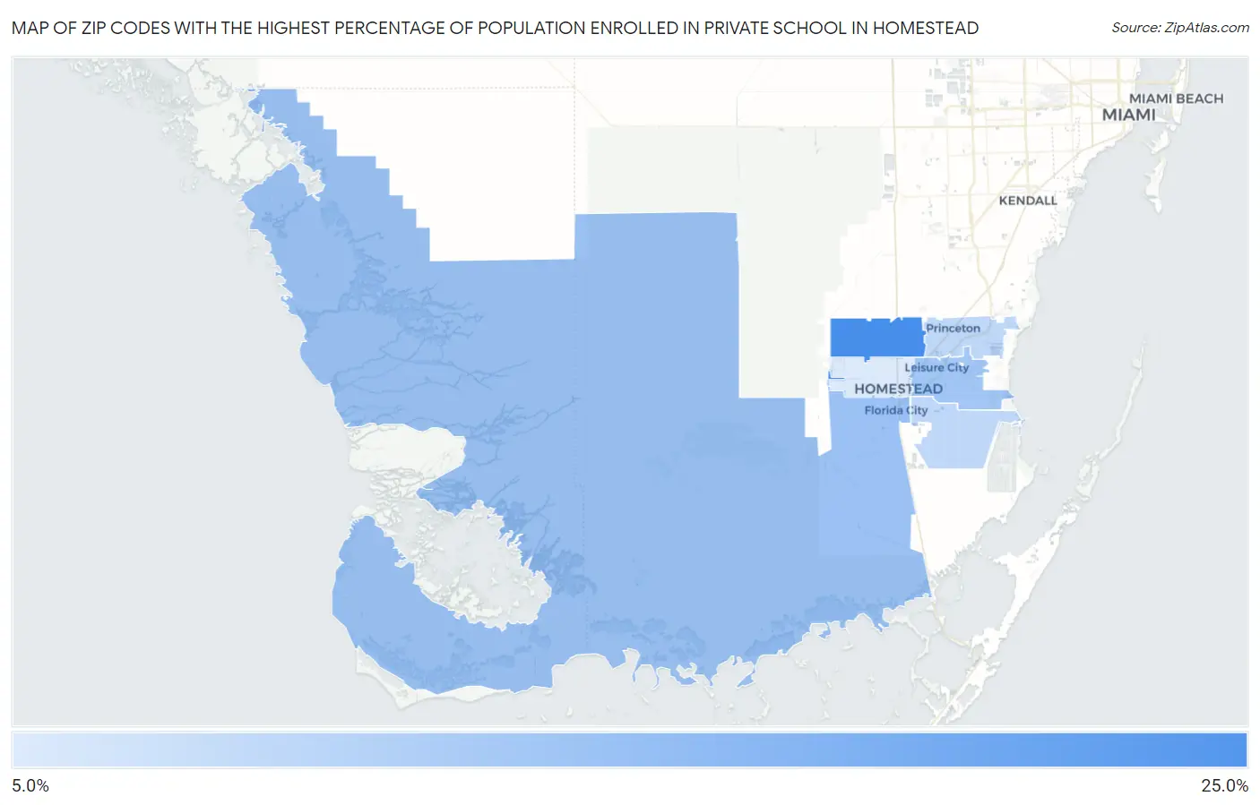 Zip Codes with the Highest Percentage of Population Enrolled in Private School in Homestead Map