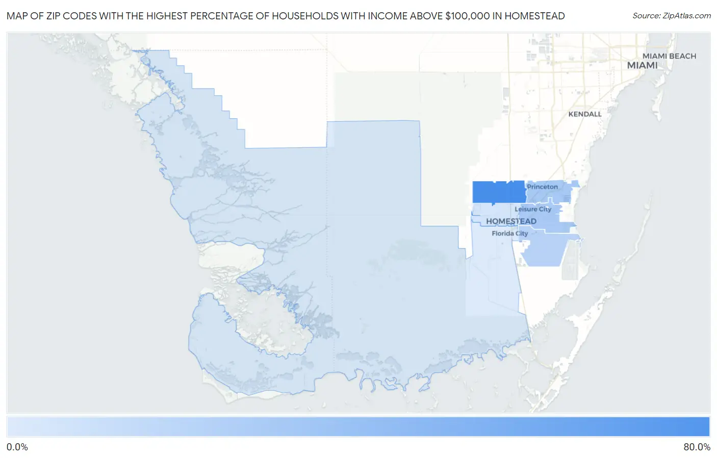 Zip Codes with the Highest Percentage of Households with Income Above $100,000 in Homestead Map