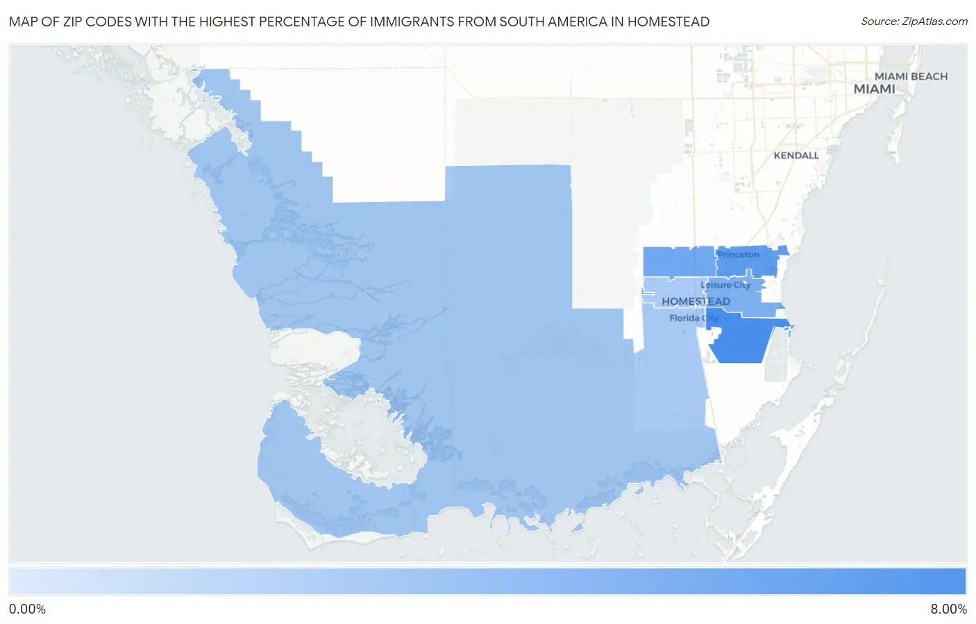 Zip Codes with the Highest Percentage of Immigrants from South America in Homestead Map