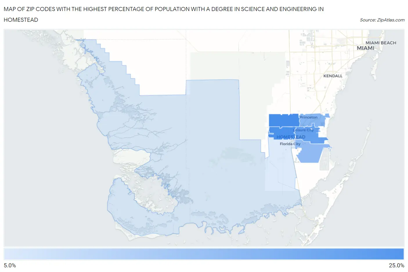Zip Codes with the Highest Percentage of Population with a Degree in Science and Engineering in Homestead Map