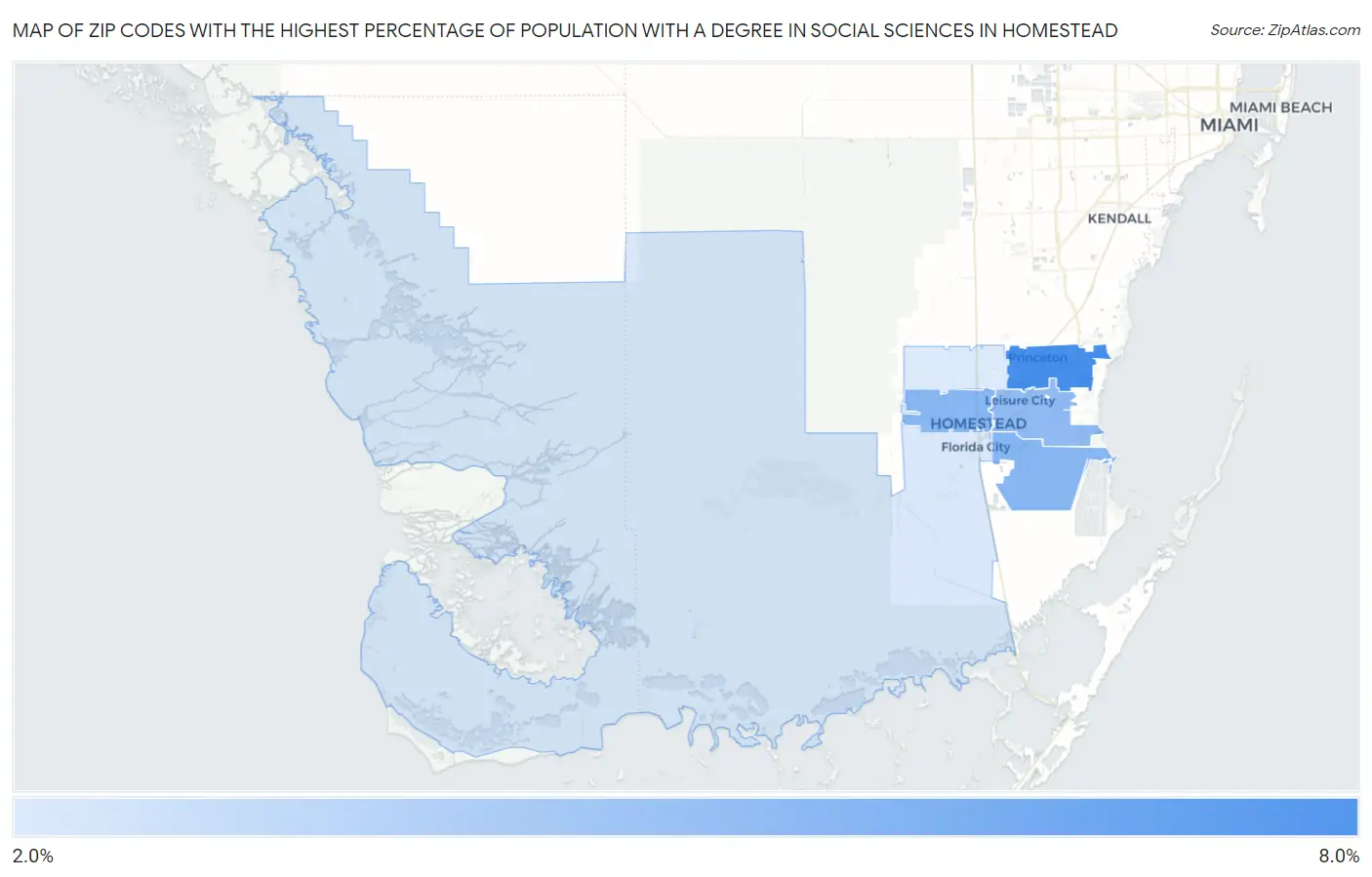 Zip Codes with the Highest Percentage of Population with a Degree in Social Sciences in Homestead Map